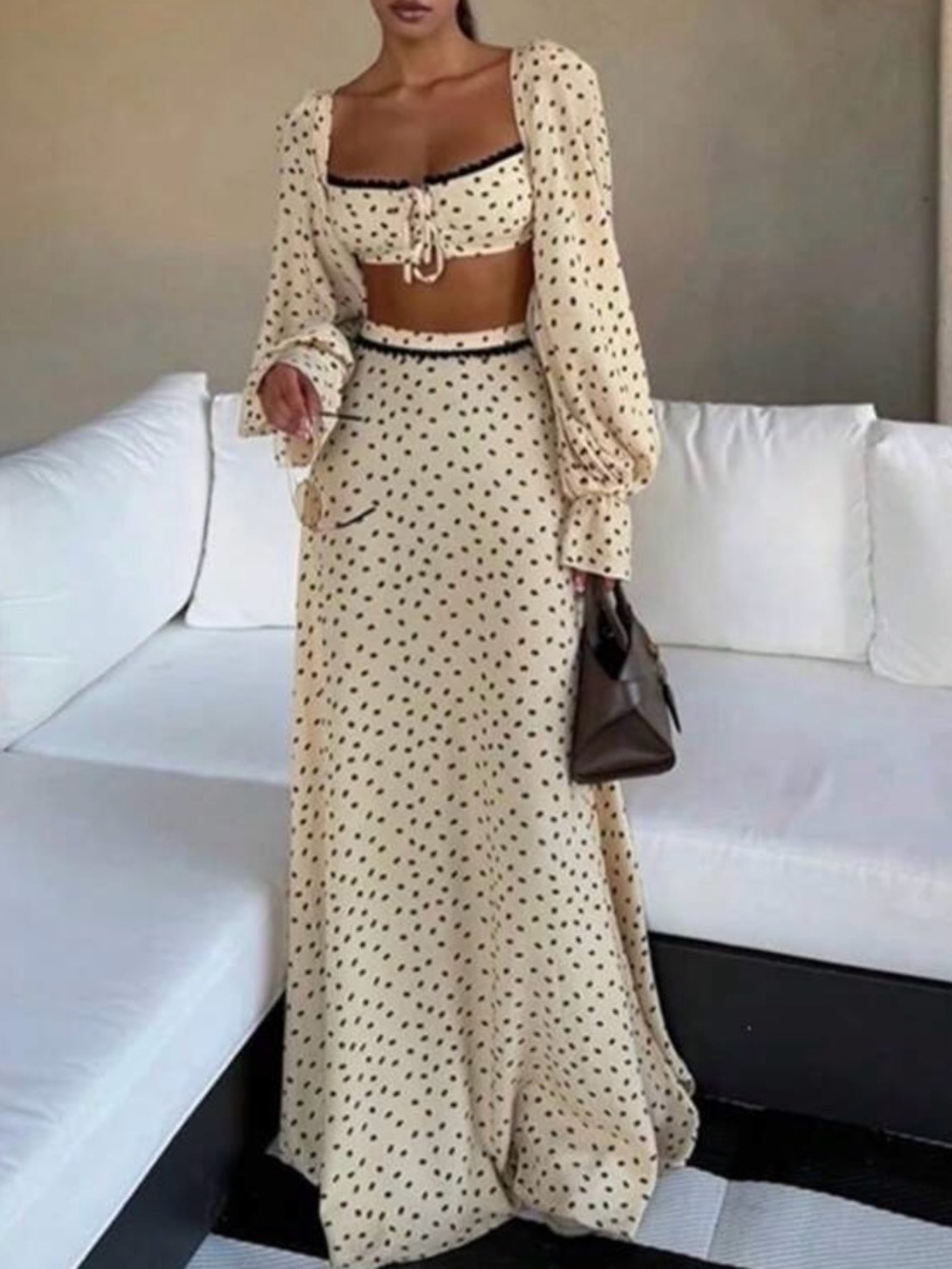 Free People Cream Maxi Set - Skirt and Top with Black Polka Dots